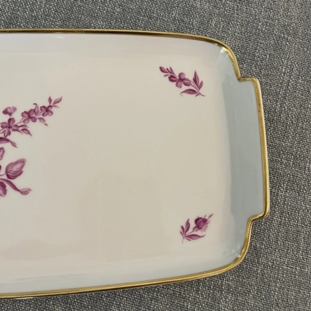 Augarten Wien Biedermeier Purple Floral Porcelain Serving Tray‎ Gold Trim 14.5